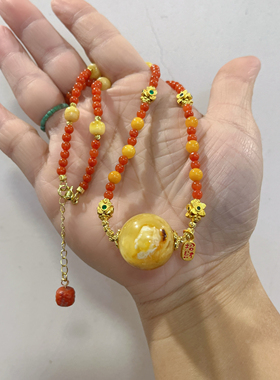 新中式国风原创设计天然南红玛瑙保山樱桃红蜜蜡大圆珠锁骨链项链