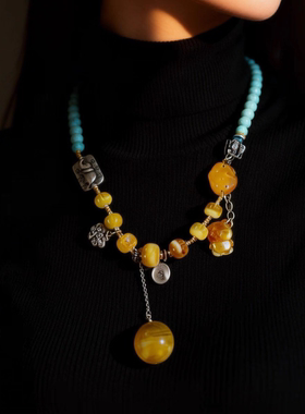 新中式国风原创天然绿松石蜜蜡吊坠项链锁骨链手工编织毛衣链