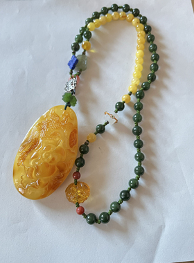 新中式国风原创天然蜜蜡凤戏牡丹吊坠和田玉碧玉珠串项链毛衣链