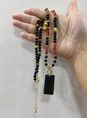 新中式国风原创天然和田玉墨玉吊坠南红火焰纹珠串项链毛衣链