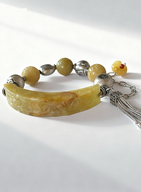 新中式国风原创天然黄翡翠复古半镯雕刻珠串老银流苏手串手链女款