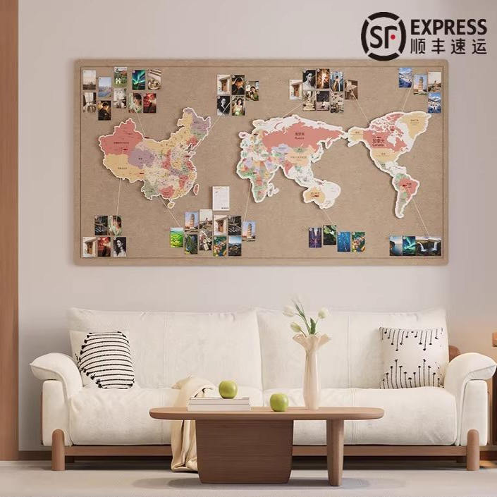 世界地图墙面装饰中国办公室装饰画客厅背景照片墙挂画旅游行标记图片
