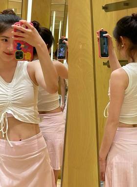 LU平替Cinched不对称运动抽绳背心褶皱健身短款女