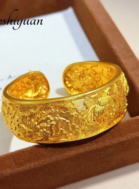 宽面錾刻富贵牡丹花开口手镯女