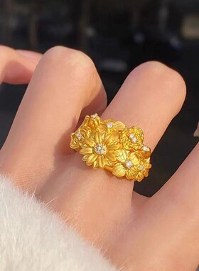 铜镀金繁花拉口戒指可调节大小