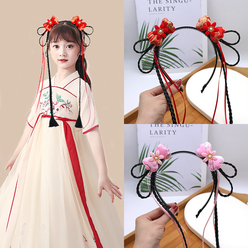 儿童发窟汉服假发两个小辫子发箍发卡头箍演出小姑娘头饰头花发饰