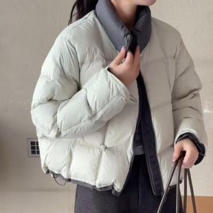 宽松小个子外套 新款 韩版 白鸭绒撞色立领小方格羽绒服女2025年冬季