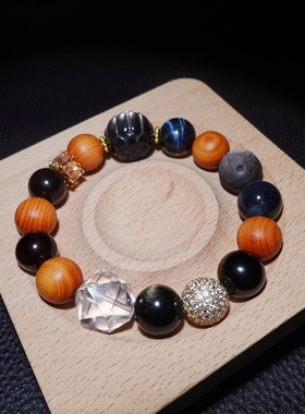 黑曜石白水晶多宝手链财富手串