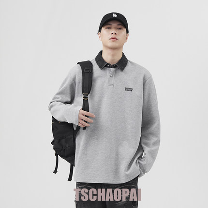 250克美式潮牌POLO衫男休闲百搭翻领字母刺绣内搭打底衫长袖上衣