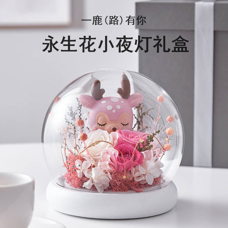 一鹿(路)有你永生花夜灯玻璃罩礼盒摆件送女友爱人生日情人节礼物