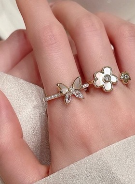 母贝珍珠锆石蝴蝶花朵开口戒指