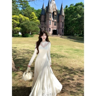 复古蕾丝拼接长袖 法式 针织连衣裙秋冬内搭白色长裙 淡香白茶 白里