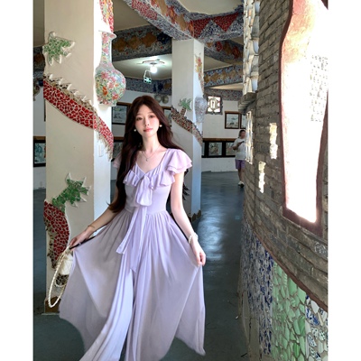 法式清楚系温柔收腰长款连衣裙女