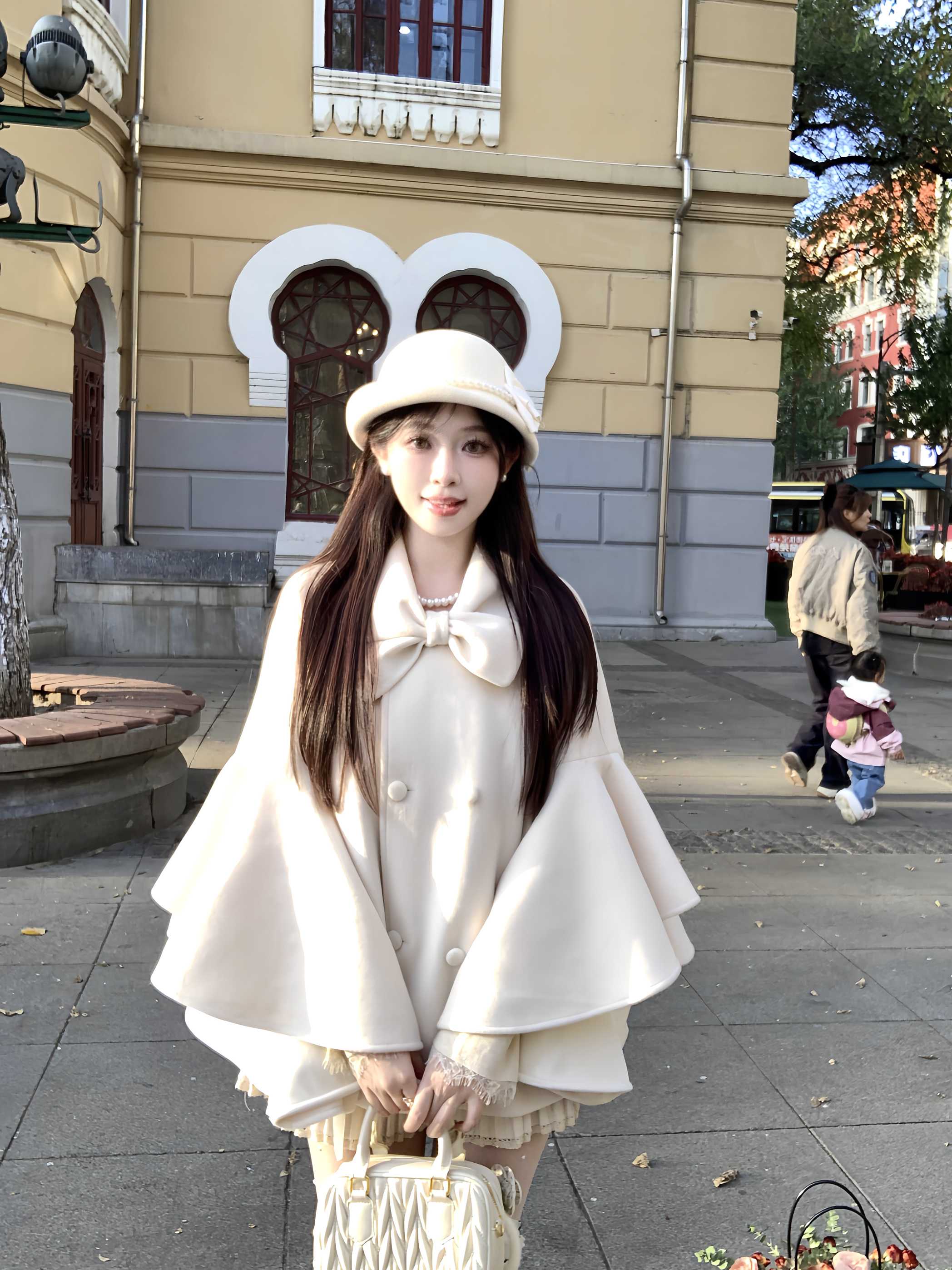 冬季小个子蝴蝶结千金斗篷外套