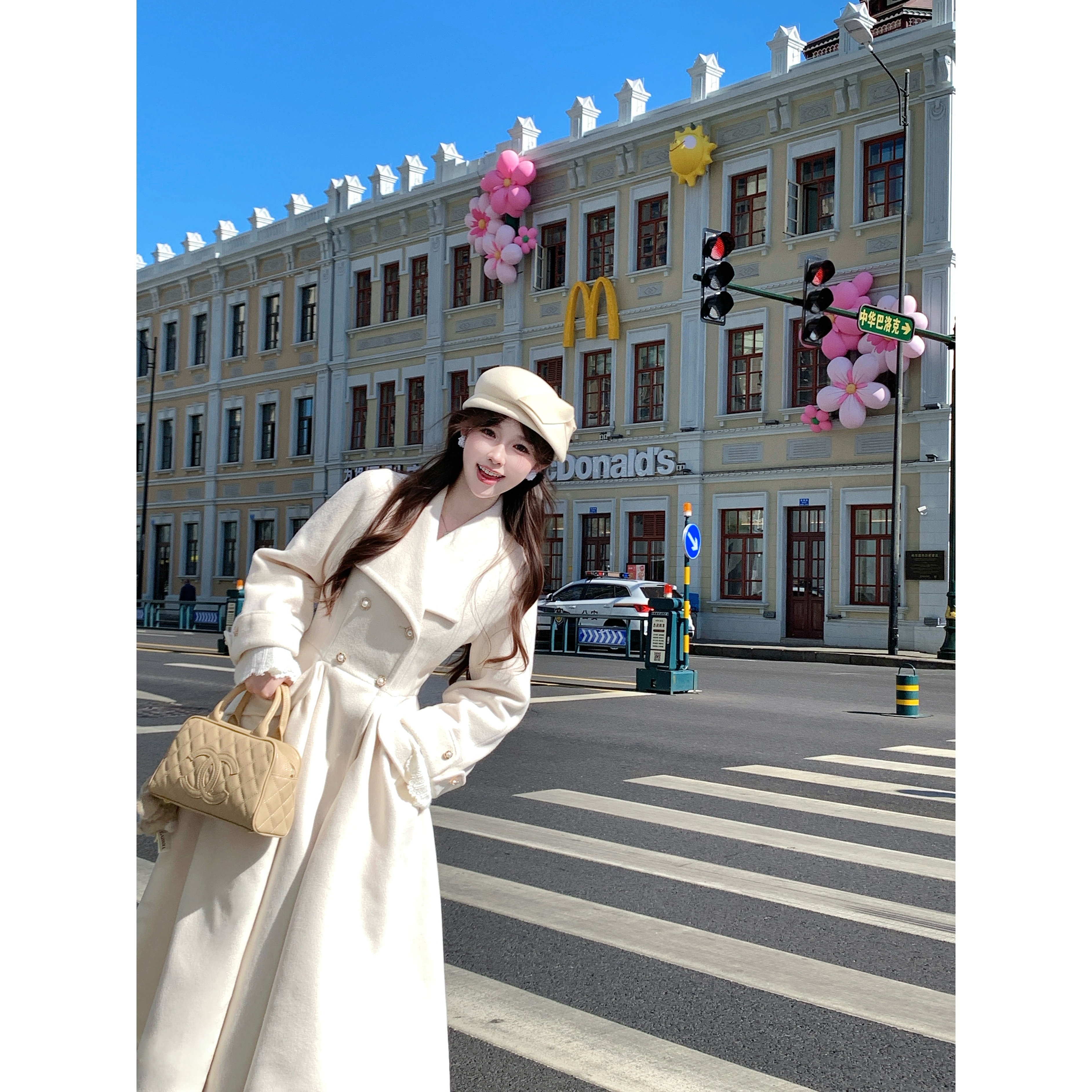 白里 赫本的涟漪 温柔甜美风收腰显瘦大摆长款毛呢大衣长款外套冬