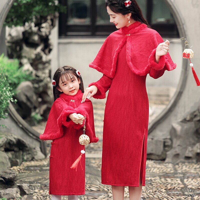 2026新款中国风女童旗袍夏季长袖加厚母女亲子装新中式童装儿