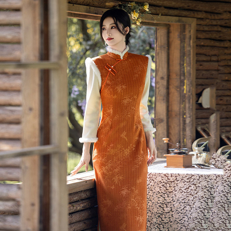 2026新款橘色加绒冬装国风新中式长款长袖改良旗袍冬季厚款女
