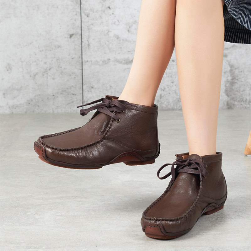 2026新款铂帝思女短靴真皮圆头牛皮大底手工缝制鞋韩版百搭棉麻服