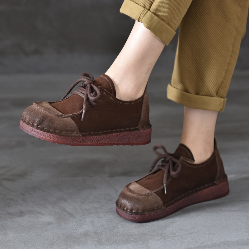2025新款秋季头层牛皮软皮软底擦色复古风单鞋前系带休闲舒适
