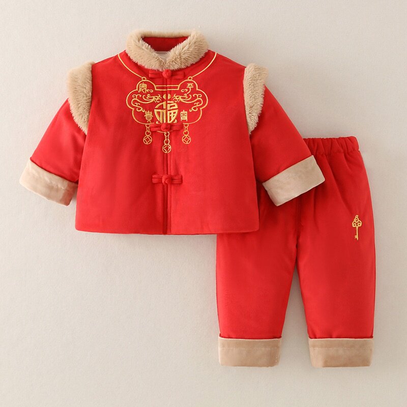 2025新款男女童冬装国潮棉服套装喜庆拜年服宝宝加厚红色新年