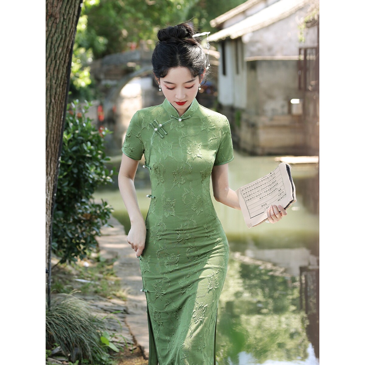2026新款6050绿色弹力朱光棉旗袍夏季改良版连衣裙高端气质女