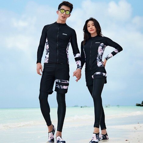 2026新款韩版沙滩情侣分体泳衣潜水服分体防晒男女长袖长裤拉链泳
