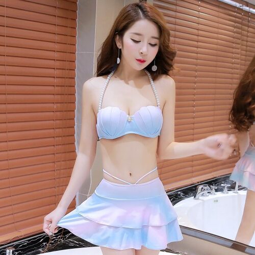 2026新款性感美人鱼贝壳泳衣女分体高腰比基尼大胸小胸钢托泳装高