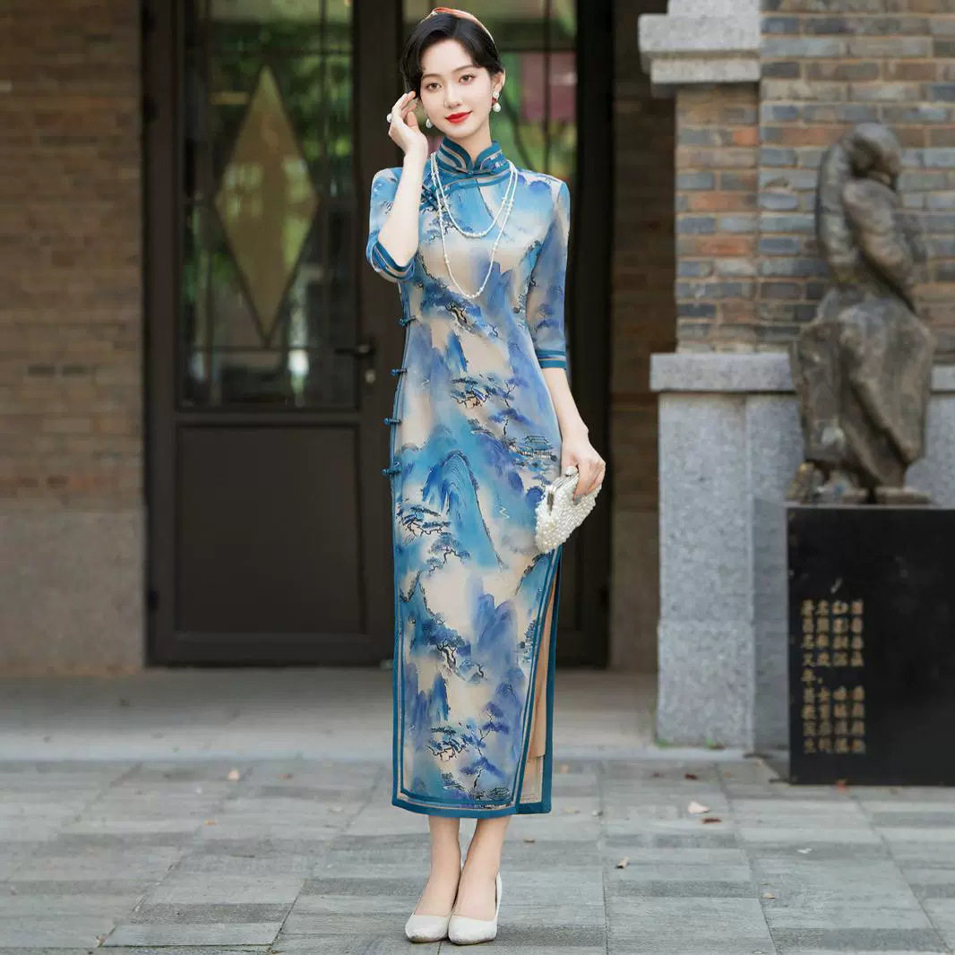 2026新款长款旗袍秋季七分袖复古改良新中式国风连衣裙女优雅气质