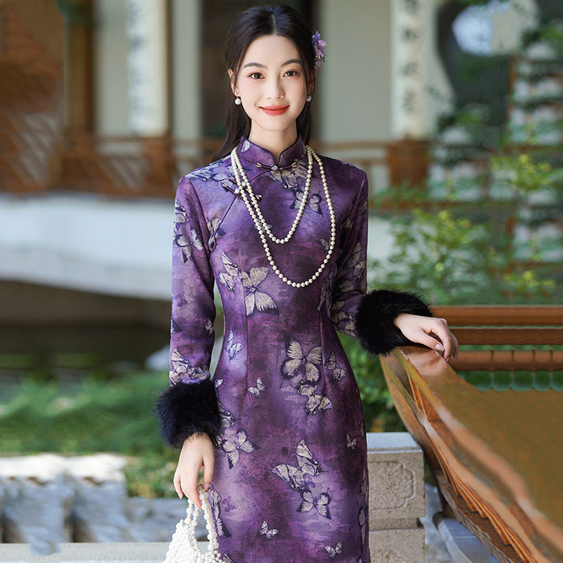 2026新款紫色妈妈装加绒冬装国风新中式长款长袖改良旗袍冬季