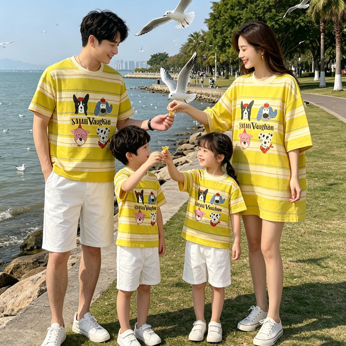 2026新款夏季黄色条纹卡通小狗亲子T恤一家四口海边宽松百搭母女