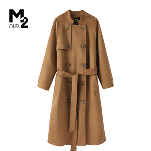 M2折扣店春秋极简风立领收腰系带外套老钱风双排扣长款外套风衣