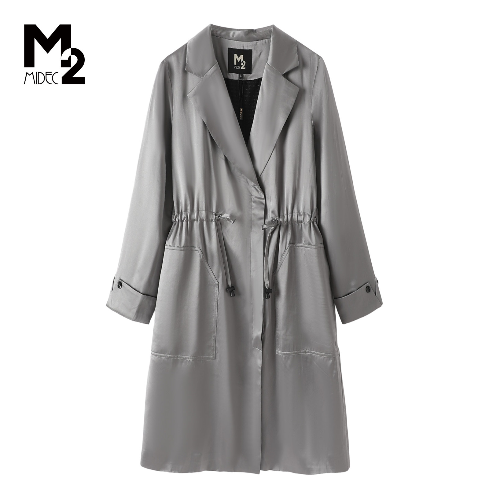 M2折扣店春秋英伦风大翻领桑蚕丝风衣女中长款系带收腰显瘦外套