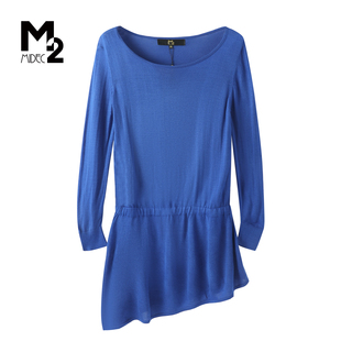 M2折扣店春秋蓝色长袖针织连衣裙女收腰中长款休闲气质裙