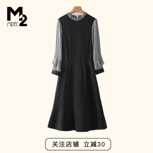 M2折扣店春秋新款印花宽松大码显瘦微胖中年妈妈长袖连衣裙