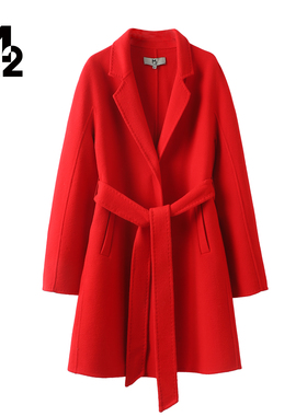 M2折扣店冬季轻奢优雅风毛呢外套系带收腰中长款显瘦双面呢大衣