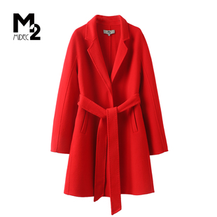 M2折扣店冬季轻奢优雅风毛呢外套系带收腰中长款显瘦双面呢大衣