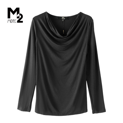 M2优雅荡领长袖显白T恤女黑色
