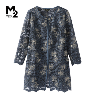 圆领花边雪纺上衣 女装 M2折扣店春夏复古网纱长袖 开衫