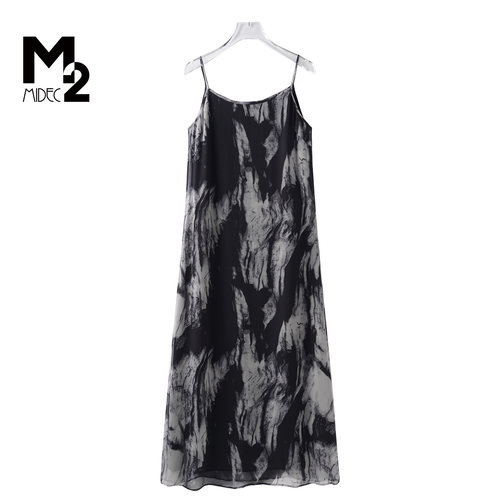 M2折扣店夏款妈妈真丝吊带连衣裙