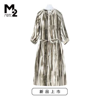 m2折扣店春秋新款中年微胖妈妈宽松大码直筒七分袖雪纺连衣裙