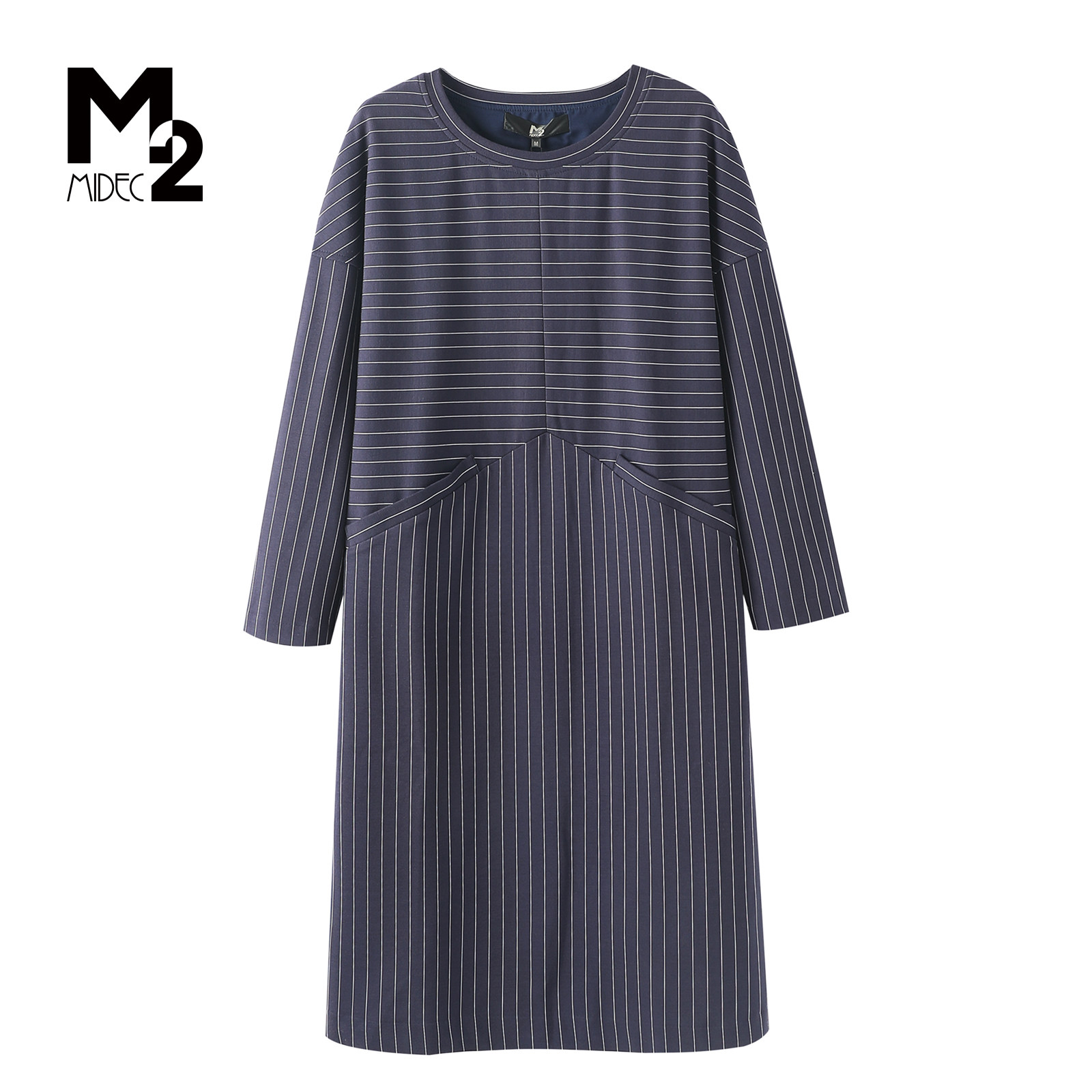 M2折扣店春秋简约休闲风条纹连衣裙女长袖圆领宽松大码气质裙