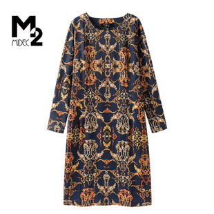 M2折扣店春秋复古印花长袖连衣裙女宽松显瘦中长款深色气质裙