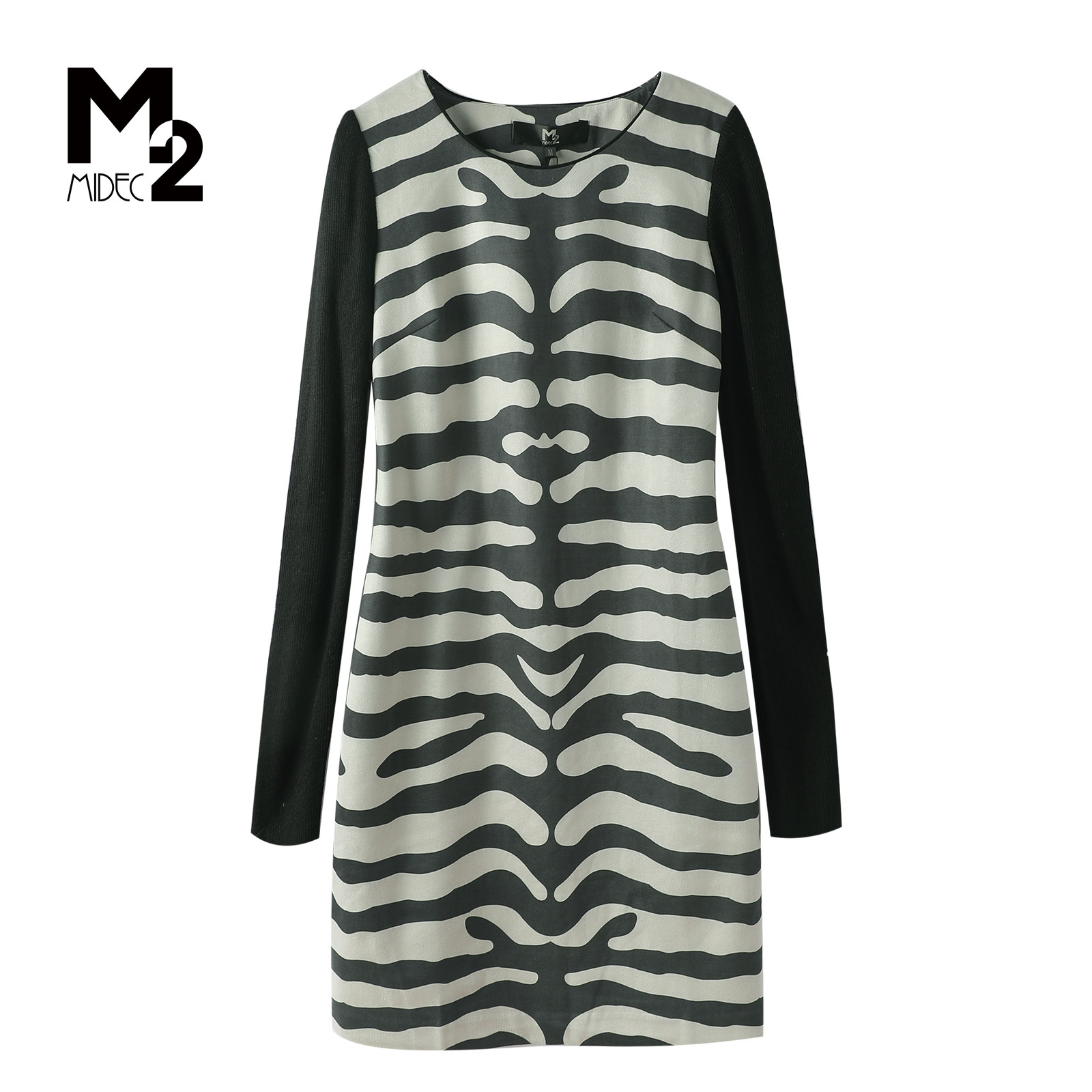 M2折扣店春秋气质斑马纹拼接修身显瘦中长款裙子针织长袖连衣裙,女装/女士精品,连衣裙,淘宝优惠券,粉丝福利购,淘宝优惠卷