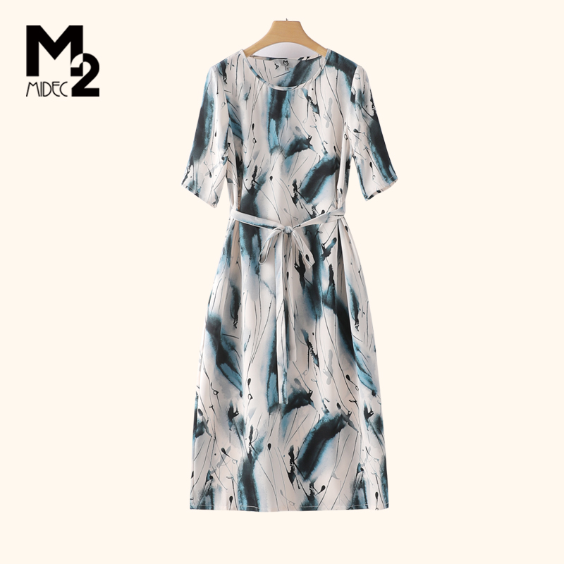 M2折扣店夏新款时尚宽松大码微胖中年妈妈短袖花印雪纺连衣裙