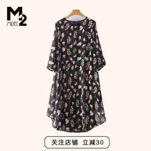 M2折扣店夏新款印花宽松大码显瘦微胖中年妈妈中袖雪纺连衣裙