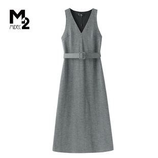 M2折扣店春秋赫本风V领无袖 连衣裙女收腰系带高级感气质羊毛长裙