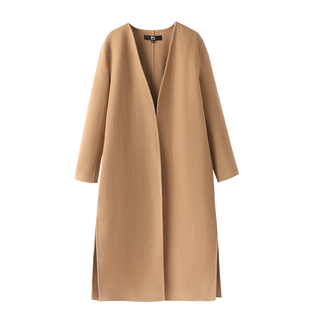 M2折扣店冬季宽松大码中年妈妈极简羊毛外套中长款V领双面呢大衣