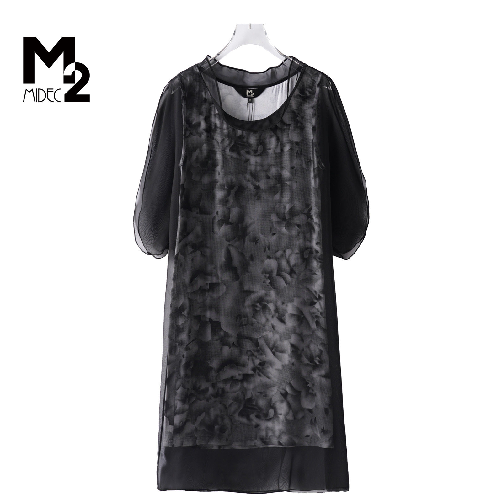 M2折扣店夏新款宽松大码收腰显瘦中年妈妈时尚短袖雪纺连衣裙