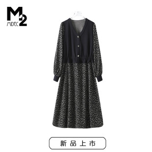 M2折扣店春秋新款 连衣裙 宽松大码 收腰微胖中年妈妈V领长袖