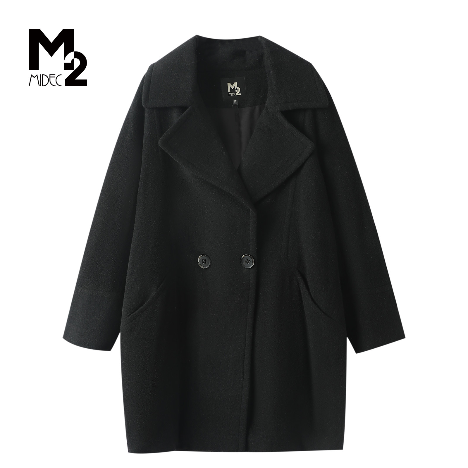 M2折扣店冬季宽松大码大翻领毛呢外套女中长款双排扣显瘦大衣